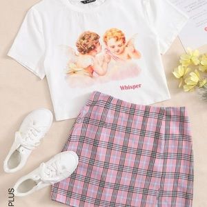 Shein Plus angel print and plaid slit hem skirt set